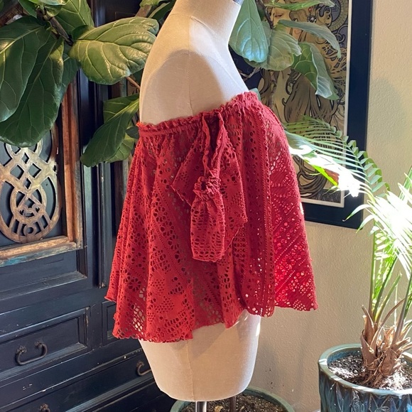 Free People Eyelet off shoulder crop peasant top in rust - Picture 7 of 15